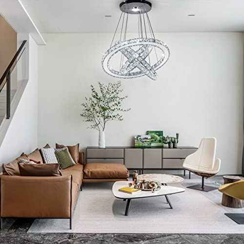 CLAIRDAI 3-Ring Adjustable Crystal Chandelier, Cool White LED | Modern stainless steel LED pendant light fixture for dining room, bedroom, living room, hallway