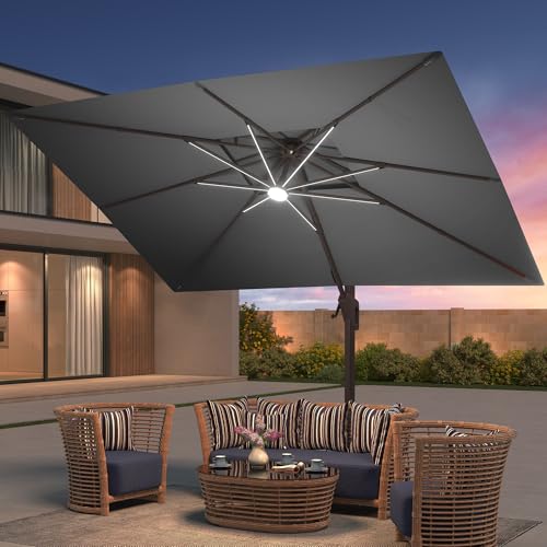9x12 FT Patio Cantilever Outdoor Umbrella with Base and LED Lights