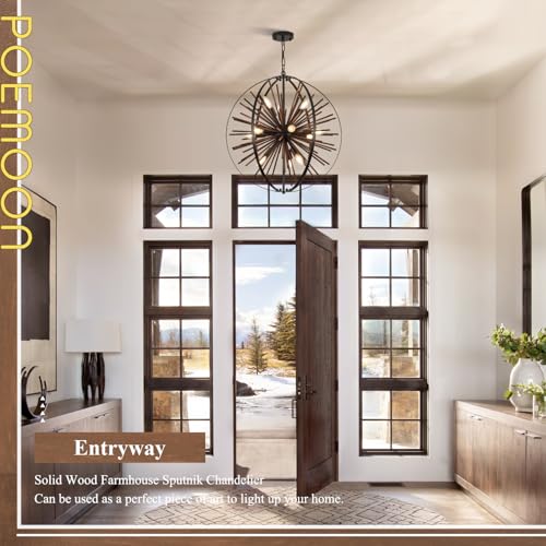 24" 12 Light Black Sputnik Chandelier Solid Wood Hanging Light