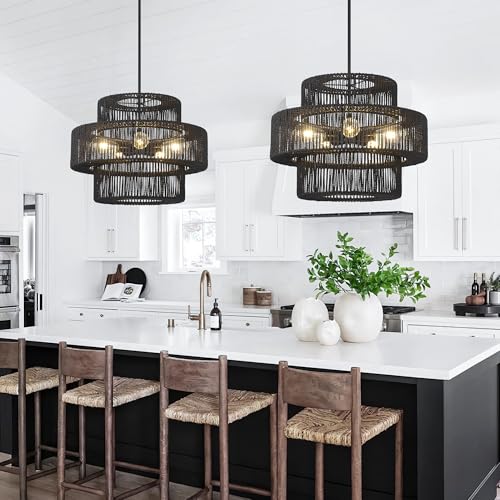 22" Black Boho Rattan Chandelier Light Fixture Hand Woven Farmhouse Pendant Lighting Rustic Boho Chandeliers for Dining Room Living Room Hallway Foyer 5 Lights