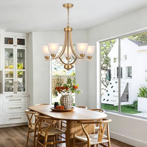 Modern Chandelier 5 Light Mid Century Alabaster Glass Classic Hanging Chandeliers in Gold Finish Pendant Light Fixtures for Dining Room
