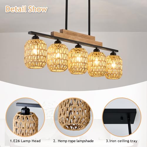 Dining Room Light Fixture 5 Light Large Rattan Kitchen Island Lighting with Boho Wicker Shade Chandelier Farmhouse Hanging Pendant Light for Living Room Bar Restaurant Bedroom