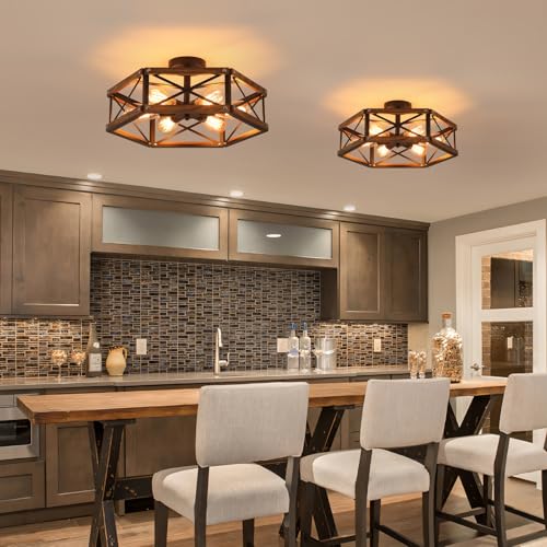 6 Light Large Rustic Farmhouse Wood Flush Mount Ceiling Light Fixture 20 inch Oak Wood and Metal Cage Semi Flush Mount Ceiling Light for Hallway Entry Dining Farmhouse Bedroom Living Room