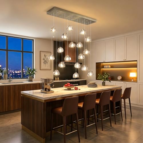 W35 x D11.8 x H118 Rectangular Chandelier Bubble Crystal Balls Glam Chandeliers Dimmable Light High Ceiling Pendants Light Fixtures Adjustable Long Lights Brushed Nickel