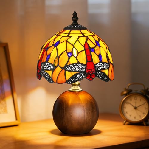 12.2" Retro Dragonfly Tiffany Small Table Lamp with Wood Base