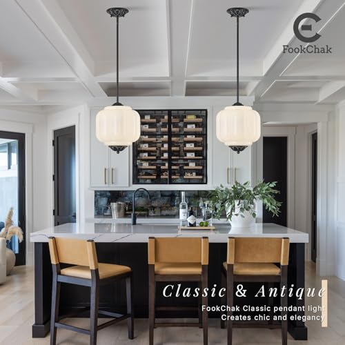 Vintage Black Pendant Lights Milky Glass Semi Flush Ceiling Light Fixture