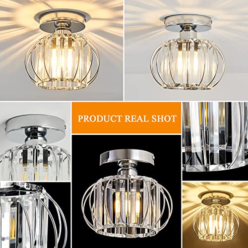 Modern Semi Flush Mount Ceiling Light Fixture E26 Mini Crystal Chandelier Chrome Small Ceiling Lamp for Entryway Bedroom Bathroom Hallway Closet Foyer （Silver
