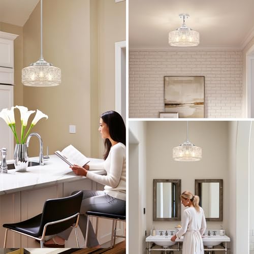 Brushed Nickel 3 Light Pendant Light for Kitchen Island with Etched Glass