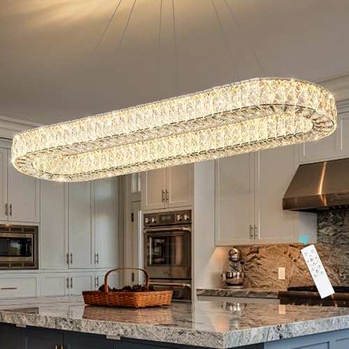 Modern Oval Chandelier Rectangular K9 Crystal Chandeliers for Dining Room Dimmable LED Light Fixture with Remote for Living Room Kitchen Light Black