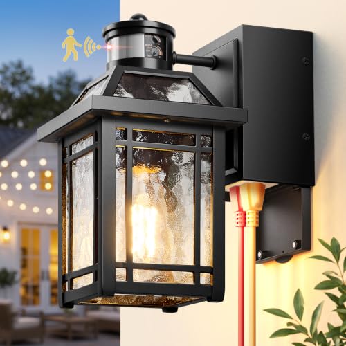 Black Porch Light Outdoor with GFCI Outlet (Black / Motion Sensor 1-Pack)