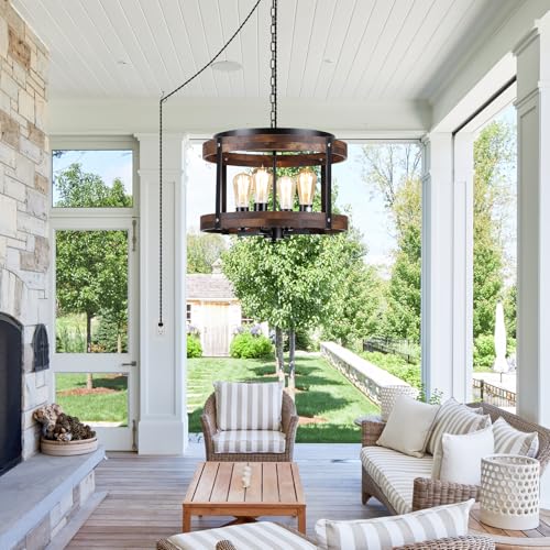 4 Light Large Rustic Farmhouse Plug in Pendant Light Fixture with Adjustable Chain