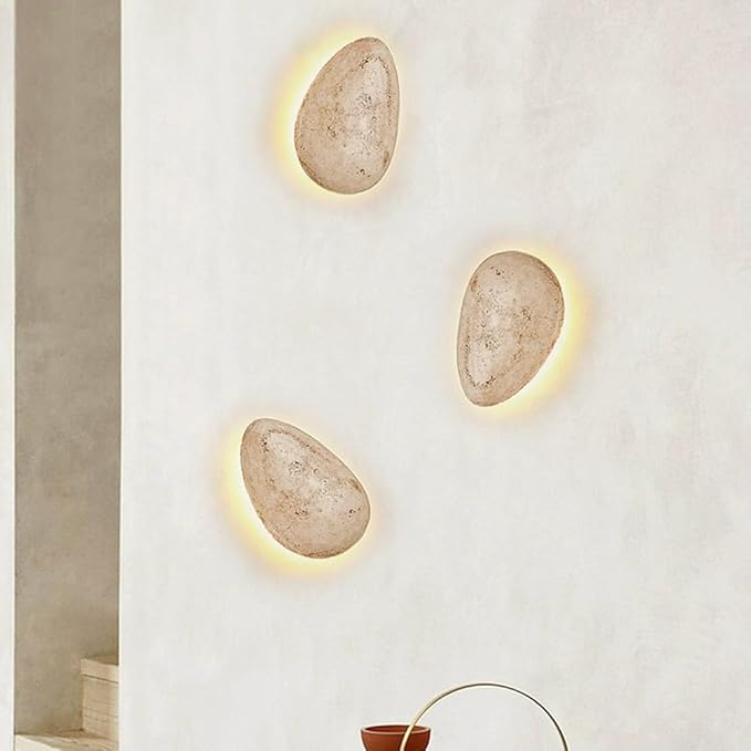 Wabi-Sabi Art Lighting Fixture, Japanese Style Natural Stone Wall Light, Cobblestone Shape Yellow Travertine Wall Sconce, 7W LED Warm Light 3000K Wall Lamp for Bedside Bedroom Living Room