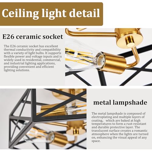 Modern Farmhouse Black and Gold Semi Flush Mount Ceiling Light 14.6 in