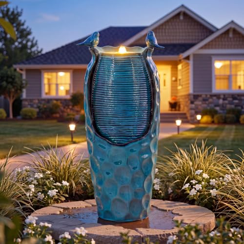 Autodaya 33" Vase Ceramic Outdoor Water Fountain with Lights and Birds