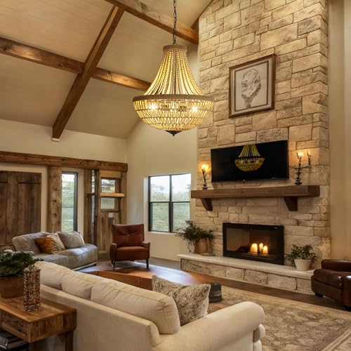 22" Wood Beaded Chandelier Boho Farmhouse Pendant Light for Dining Room