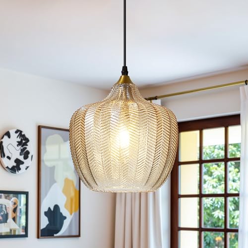 Amber Glass Pendant Lights Kitchen Island Gold Hanging Ceiling Light 9.45"