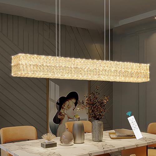 Rectangular Crystal Chandelier with Dimmable LED Lights Dining Room Remote Ceiling Pendants Lighting Fixtures for Kitchen Island Sliver