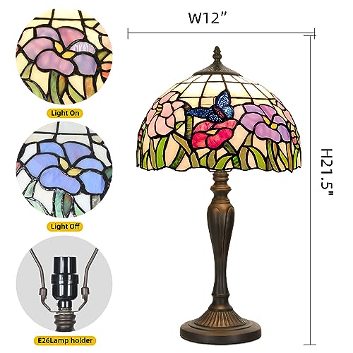 TL0001 Tiffany Table Lamp Handmade Stained Glass Flowers Butterfly Design Lampshade Reading Desk Light 12X21.5 Inches for Bedroom Living Room Home Office
