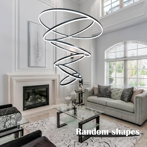 6 Rings Pendant Lights 47.2'' Modern Black Led Chandelier Dimmable Height Adjustable Chandeliers Color Temperature Black Chandelier Led Pendant Light for Dining Room Bedroom Entryway