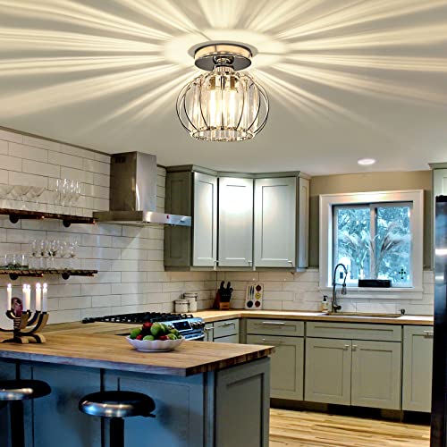 Modern Semi Flush Mount Ceiling Light Fixture E26 Mini Crystal Chandelier Chrome Small Ceiling Lamp for Entryway Bedroom Bathroom Hallway Closet Foyer （Silver