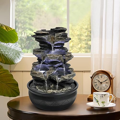 15.7” High Rock Falls Tabletop Water Fountain with LED Lights