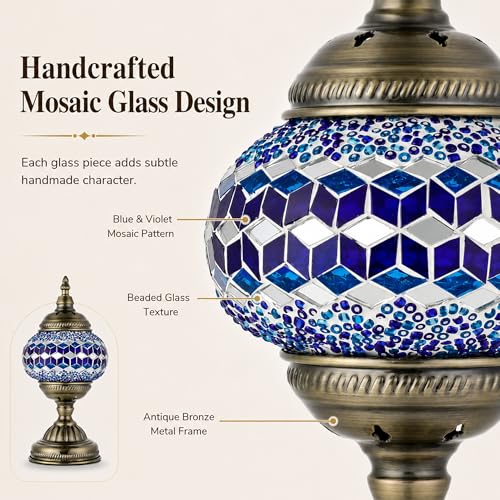 Turkish Moroccan Table Lamp Lantern with Handmade Mosaic Glass Lampshade Tiffany Style Bohemian Stained Glass Decorative Desk Lamps Bedside Night Lights for Bedroom