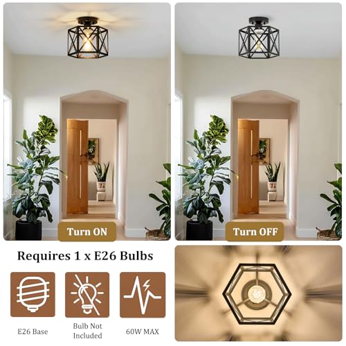 Modern Farmhouse Black Metal Semi Flush Mount Ceiling Light Fixture 9.5 in