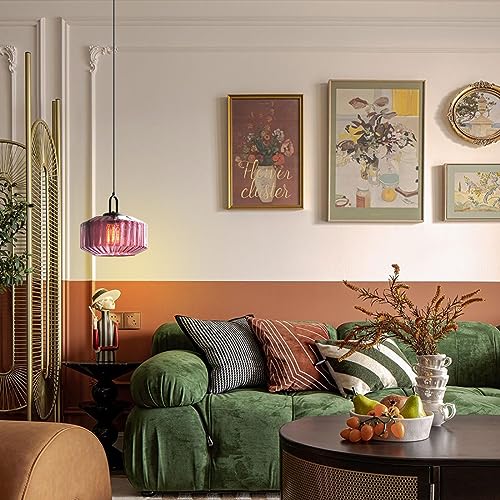 Mid Century Modern Pendant Light fixtures Glass Globe Pendant Lights with Hand Blown Purple Glass Shade Vintage Hanging Pendant Light for Dining Room Some Room Ceiling Hanging Light