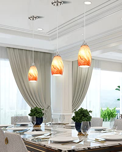 Art Glass Mini Pendant Lights Kitchen Island Marble Glass Pendant Light Shade with Brushed Nickel Finish Ceiling Hanging Lights for Kitchen Over Sink