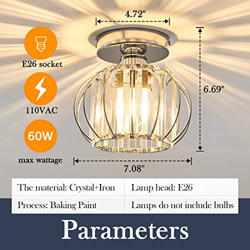 Modern Semi Flush Mount Ceiling Light Fixture E26 Mini Crystal Chandelier Chrome Small Ceiling Lamp for Entryway Bedroom Bathroom Hallway Closet Foyer （Silver