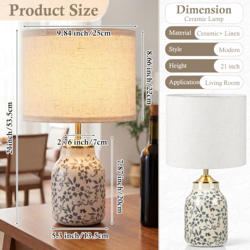 Set of 2 21" Chinoiserie Ceramic Lamps with Beige Linen Shades (2 Count)