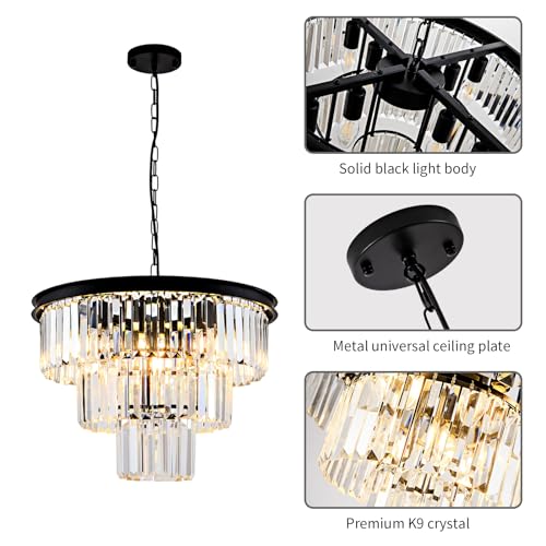 8 Light Modern Crystal Chandelier 20'' Black Chandeliers for Dining Room Contemporary Pendant Light Fixture Round 3-Tier Adjustable Height E12 for Living Room, Foyer, Entryway, Bedroom