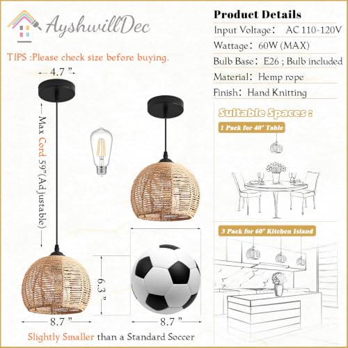 2 Pack Wicker Pendant Light Natural Woven Pendant Light Boho Chandelier Light Fixture Dome Rustic Farmhouse Pendant Lights Rattan Light Fixture for Kitchen Island Dining Room