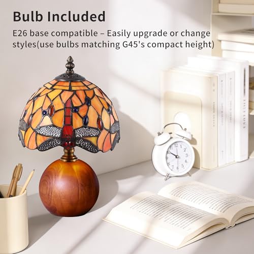 12.2" Retro Dragonfly Tiffany Small Table Lamp with Wood Base
