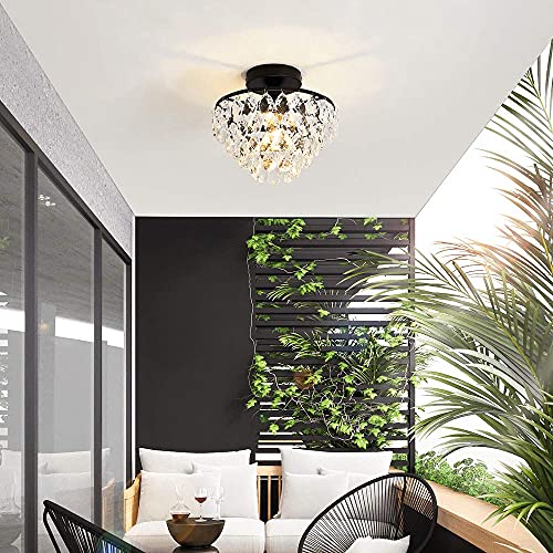 Modern Small Crystal Ceiling Light Fixture Mini Black Semi Flush Mount Chandelier Light Fixture for Hallway Bedroom Bathroom Closet e26