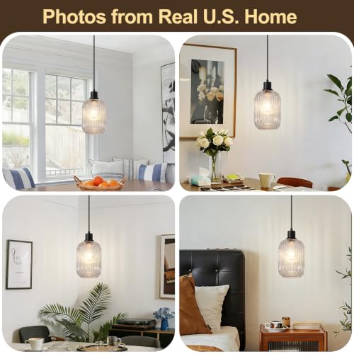2 Pack Pendant Lights with Vintage Clear Ribbed Glass Lampshade (2 Count)