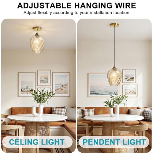 Amber Glass Pendant Lights Kitchen Island Gold Hanging Ceiling Light 8"