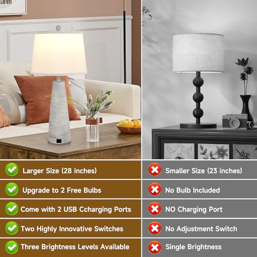 Nightstand Lamp Bedside Lamps Set of 2 Vintage Rustic Farmhouse Table Lamp 3 Way Dimmable Horizontal Stripe Light (2 Count)