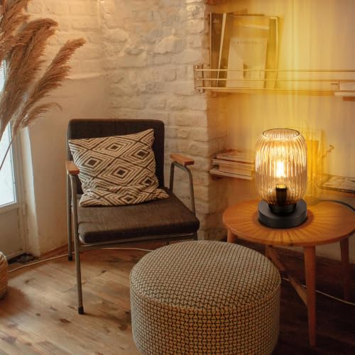 Mid Century Modern Table Lamp with Amber Ribbed Glass Shade