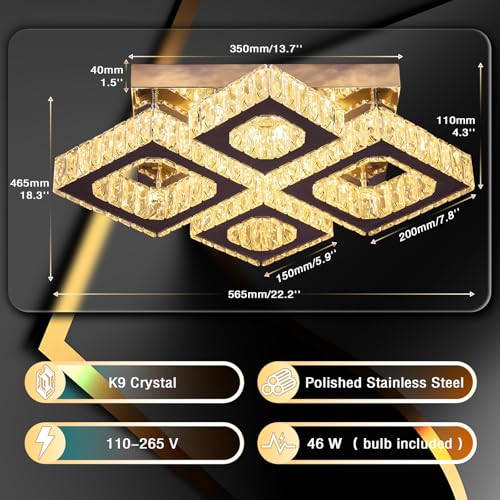 22" 4 Light Square Crystal Flush Mount Chandelier Ceiling Light Warm White (4 Count)