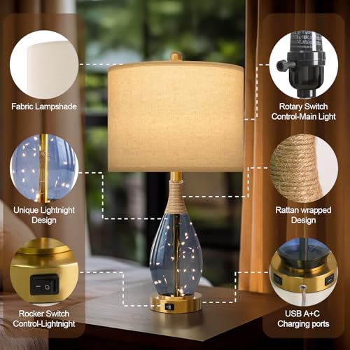 23" Table Lamps for Living Room Set of 2 Bedside Lamps for Night Stands Bedroom Lamps Farmhouse Rattan Boho Lamp Glass Nightlight End Table Lamp with USB C+A (2 Count)