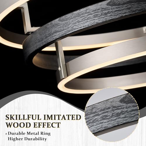 Modern LED Chandelier Black Wood Dimmable 3 Ring Brushed Nickel Chandeliers