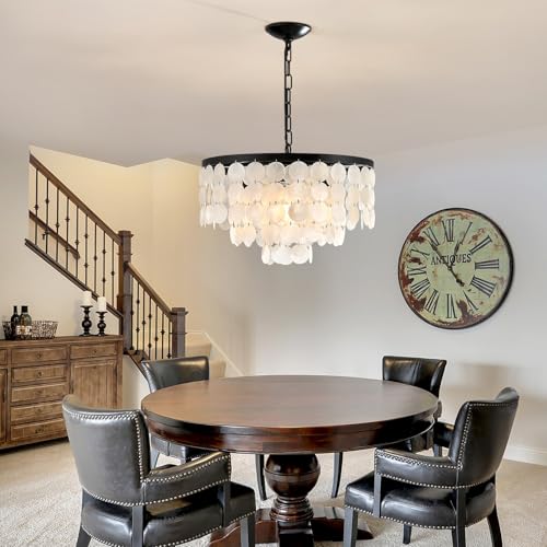4 Light Black Capiz Shell Coastal Chandeliers for Dining Room