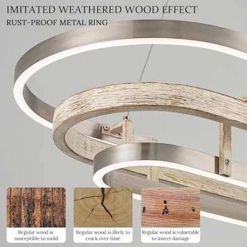 3 Ring LED Chandelier Modern Chandelier Weathered Wood Nickel Dimmable 39''