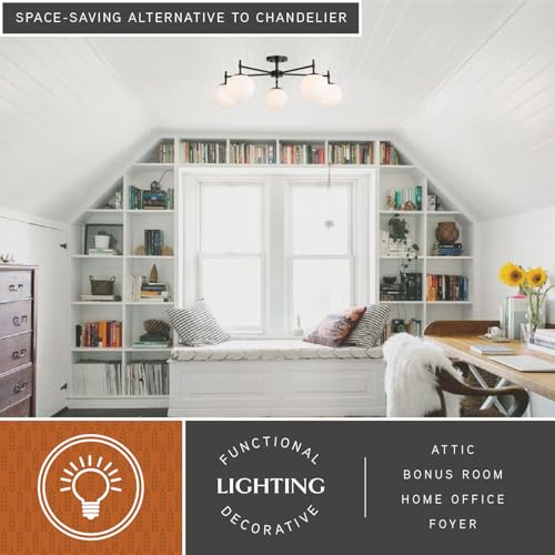Armitage 32 in W Matte Black Semi Flush Mount Ceiling Light Fixture White Glass Globe Shade