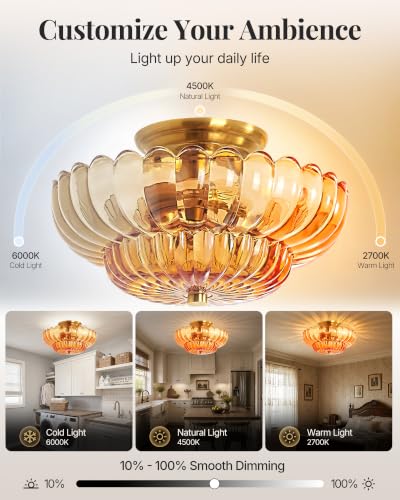 Semi Flush Mount Ceiling Light Fixture 14" Vinatge Gold Ceiling Lights Mid Century Modern Orange Glass Close to Ceiling Lighting Fixtures for Bedroom Hallway Kitchen Laundry Room Bathroom