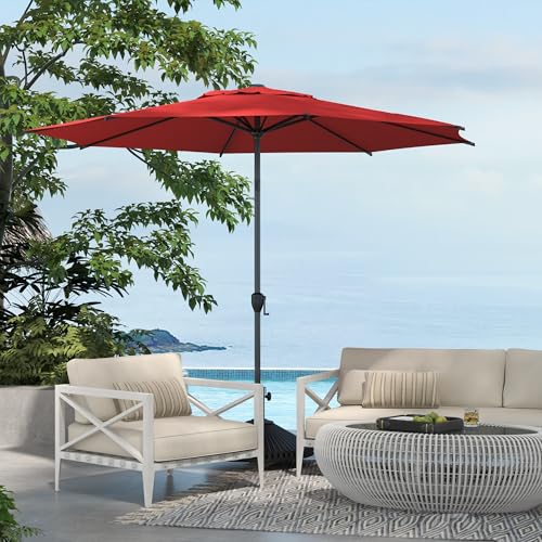 9FT Lyon Outdoor Patio Umbrella Outdoor Table Umbrella with Push Button Tilt and Crank Market Umbrella 8 Sturdy Ribs UV Protection Waterproof for Garden Deck Backyard Pool Dark Red
