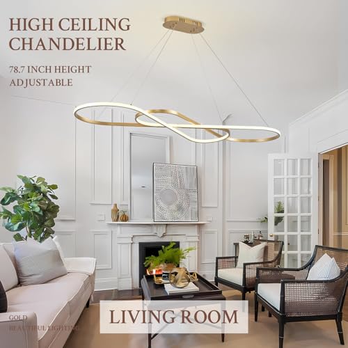 Modern LED Chandelier Gold Dimmable LED Pendant Light for Dining Room Light Fixture Over Table Modern Kitchen Island Lighting High Ceiling with Remote for Living Room