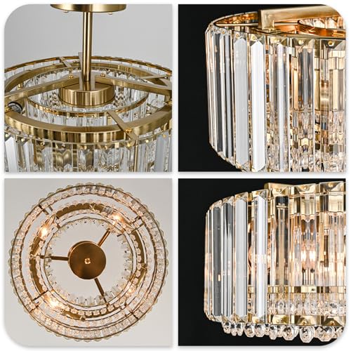 15.8“ Modern Crystal Chandelier Gold Round Semi Flush Mount Ceiling Light Fixture Chandelier for Living Room Dining Room Bedroom Hallway Entryway Kitchen