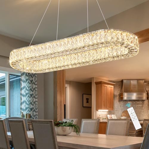 Oval Crystal Gold Chandelier Modern Dimmable LED Chandeliers for Dining Room Rectangular Light Fixture with Remote for Living Room Kitchen Light